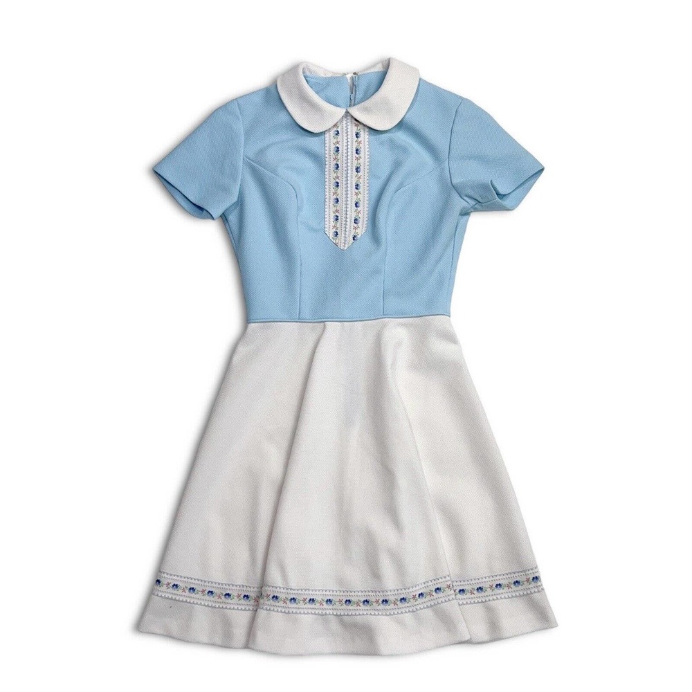 60S Solid Turndown swing dress Blue White Floral S Sears